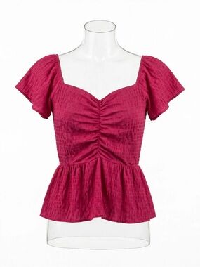 Arula Top Womens 2X Magenta Crinkle Ruched Peplum Flutter Sleeve
